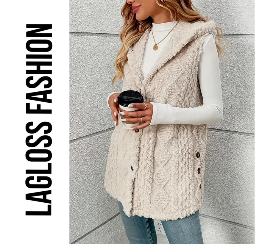 LaGloss® Dames Elegante Pluchen Vestjas met Capuchon – Ruit Geometrisch Design – Zachte Teddy Herfst/Winter Bodywarmer – Mouwloos – Abrikoos Maat XL
