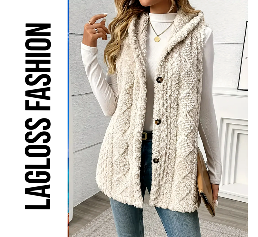 LaGloss® Dames Elegante Pluchen Vestjas met Capuchon – Ruit Geometrisch Design – Zachte Teddy Herfst/Winter Bodywarmer – Mouwloos – Abrikoos Maat XL