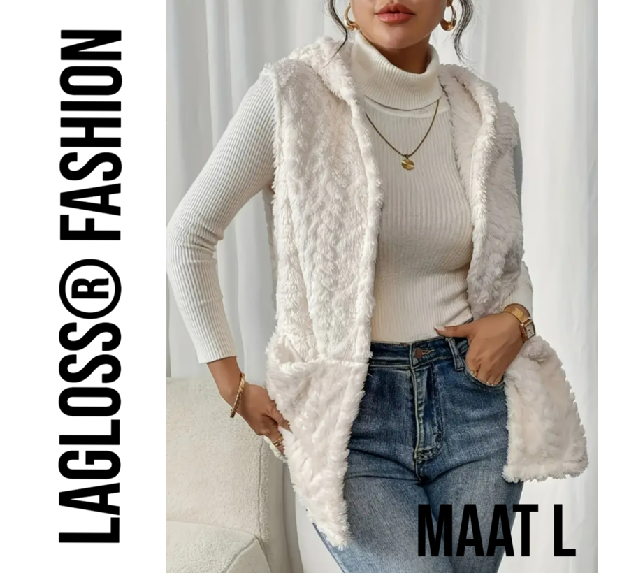 LaGloss® Teddy Bodywarmer Crème met Capuchon – Mouwloos Vest Dames – Zachte Pluche Winter Gilet – Modieuze Bodywarmer – Maat L