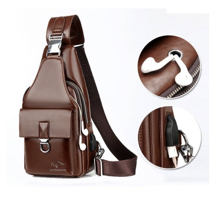 LaGloss® Heren Schoudertas USB Cognac Bruin - Luxe Crossbody tas - 16 x 30 cm - Cognac Bruin