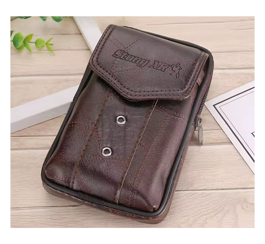 LaGloss® Heren Heuptasje PU Leer – Bruin - Langwerpig - Telefoontasje met Rits – 10x4x18 cm