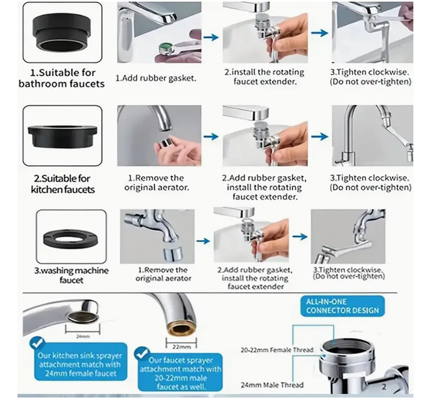 Draaibare Waterkraan Verlenging Universeel voor Keuken Kraan en Badkamer 1080° ABS - Zilver %%