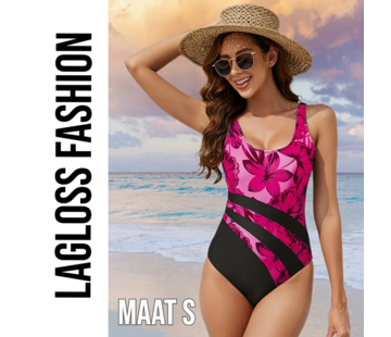 LaGloss Badpak Vintage Magenta Roze Zwarte Strepen – Maat S