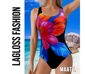 LaGloss Dames Badpak met Grote Kleurrijke Bloem – Maat L