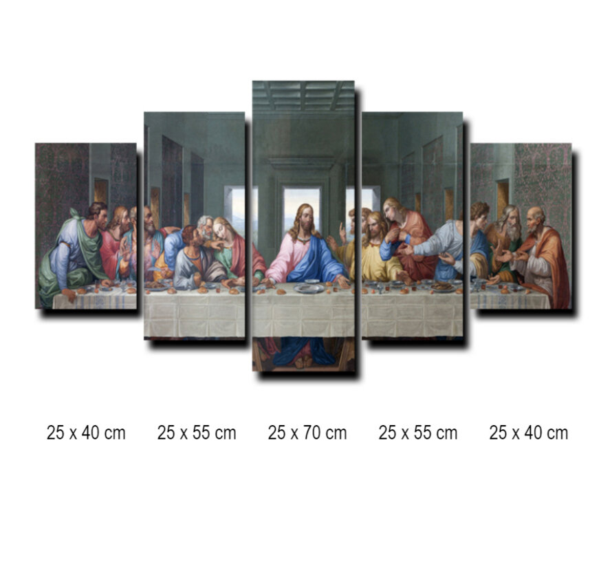 Allernieuwste.nl® Canvas Schilderij 5-luik Het Laatste Avondmaal van Da Vinci - Kunst aan je Muur - Kleur - 5-delig - 70 x 125 cm