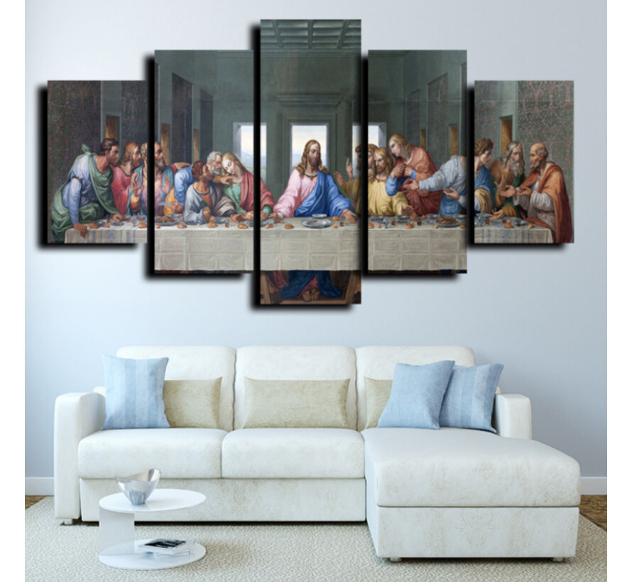 Allernieuwste.nl® Canvas Schilderij 5-luik Het Laatste Avondmaal van Da Vinci - Kunst aan je Muur - Kleur - 5-delig - 70 x 125 cm