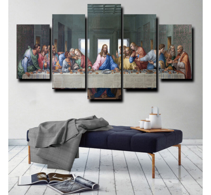 Allernieuwste.nl® Canvas Schilderij 5-luik Het Laatste Avondmaal van Da Vinci - Kunst aan je Muur - Kleur - 5-delig - 70 x 125 cm