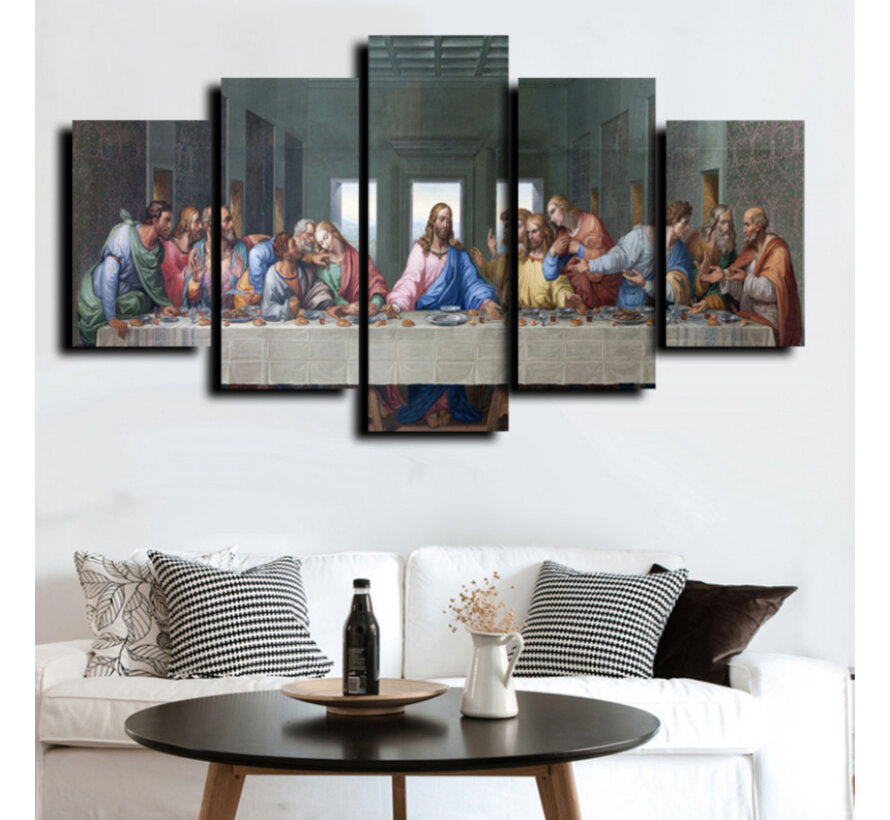 Allernieuwste.nl® Canvas Schilderij 5-luik Het Laatste Avondmaal van Da Vinci - Kunst aan je Muur - Kleur - 5-delig - 70 x 125 cm