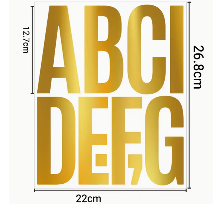 Grote Alfabet Stickers 12 cm Hoog – 6 Vellen Zelfklevende XXL Letters – Glanzend Goud, Waterdicht & Krasbestendig