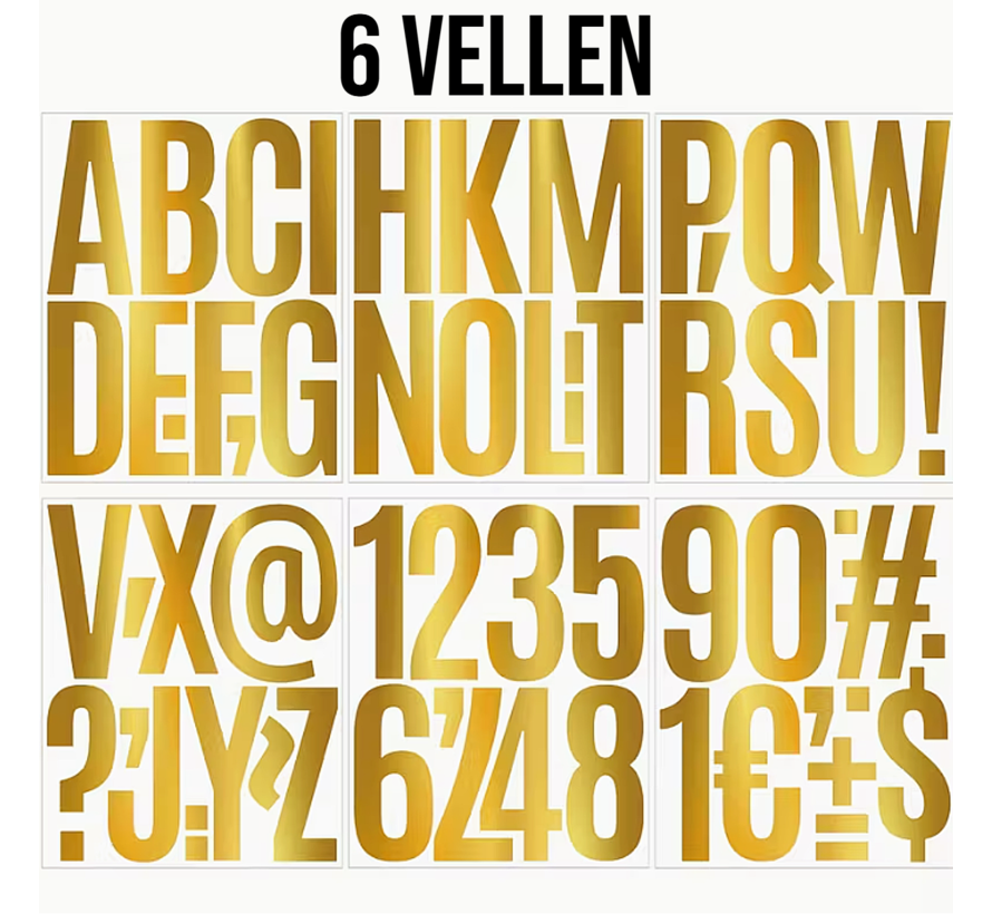 Grote Alfabet Stickers 12 cm Hoog – 6 Vellen Zelfklevende XXL Letters – Glanzend Goud, Waterdicht & Krasbestendig