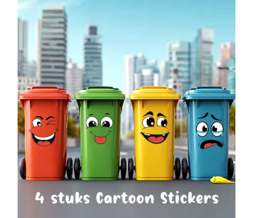 Allernieuwste.nl® 4x Vuilnis Container Cartoon Gezicht Stickers – PVC **