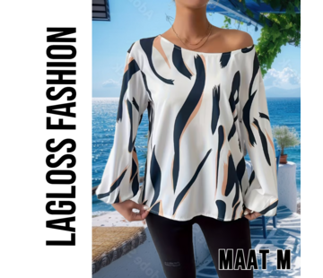 LaGloss Dames Blouse – Blauw-Wit Abstracte Print – Maat M