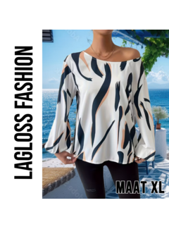 LaGloss Dames Blouse – Blauw-Wit Abstracte Print – Maat XL