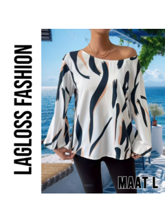 LaGloss Dames Blouse – Blauw-Wit Abstracte Print – Maat L