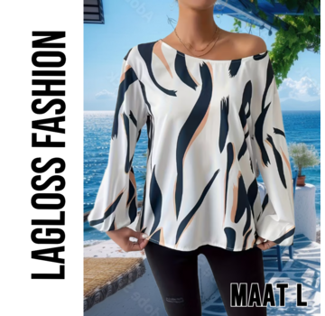 LaGloss Dames Blouse – Blauw-Wit Abstracte Print – Maat L