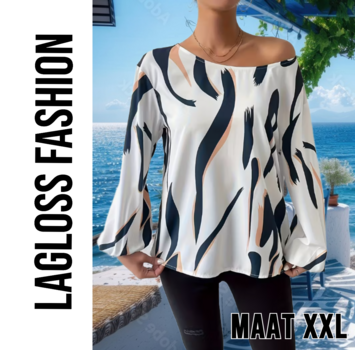 LaGloss Dames Blouse – Blauw-Wit Abstracte Print – Maat XXL