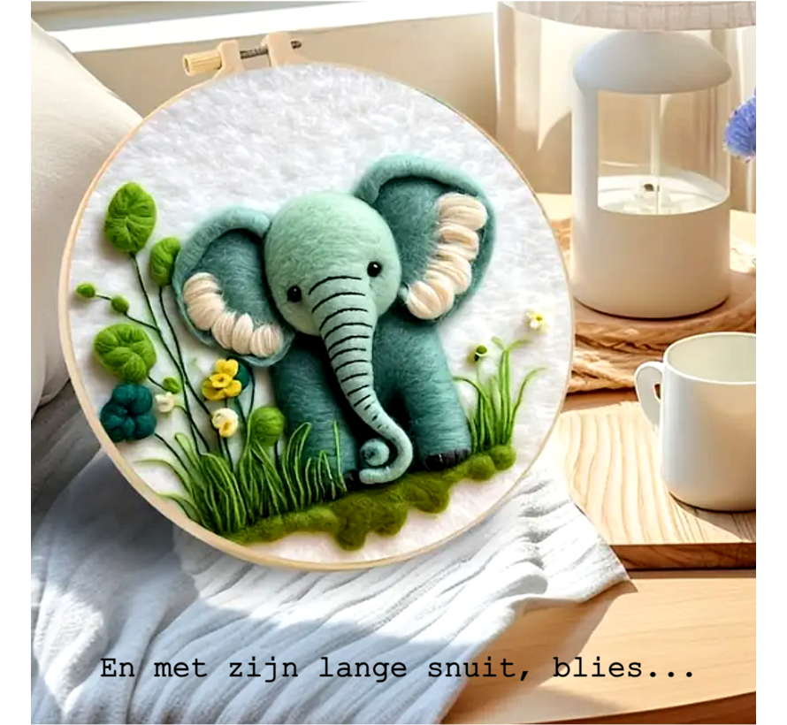 DIY Naaldvilt Wolvilt Pakket Olifantje – Complete Starterset – Met Wol, Naalden, Borduurring & Handleiding – Creatief Hobbypakket voor Beginners & Gevorderden