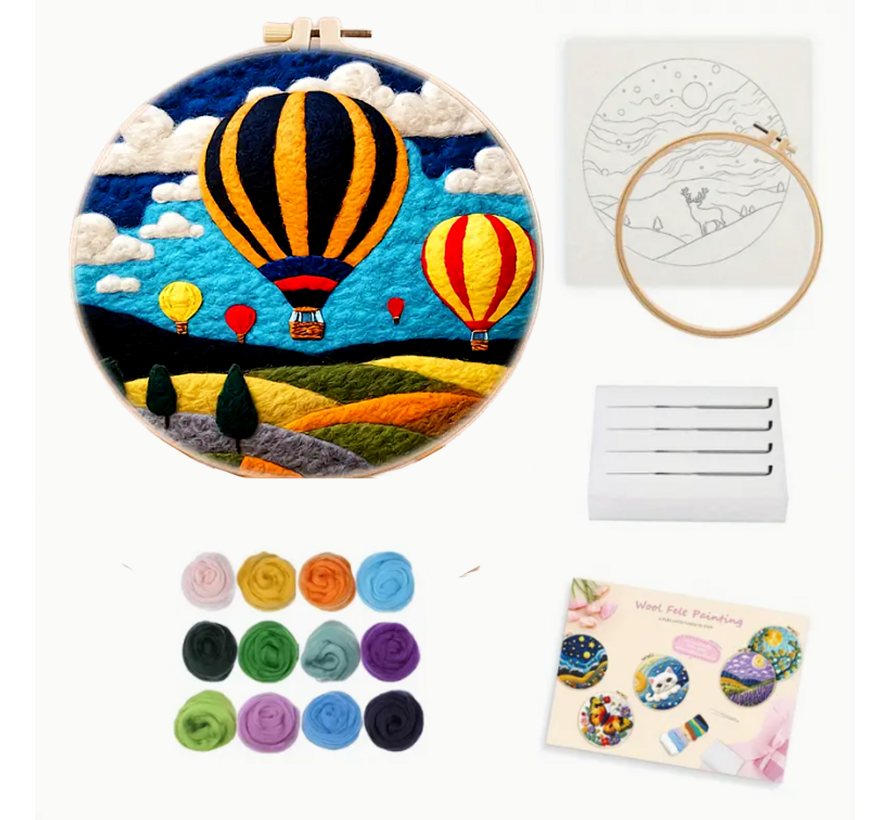 DIY Naaldvilt Wolvilt Pakket Luchtballonnen – Complete Starterset – Met Wol, Naalden, Borduurring & Handleiding – Creatief Hobbypakket voor Beginners & Gevorderden