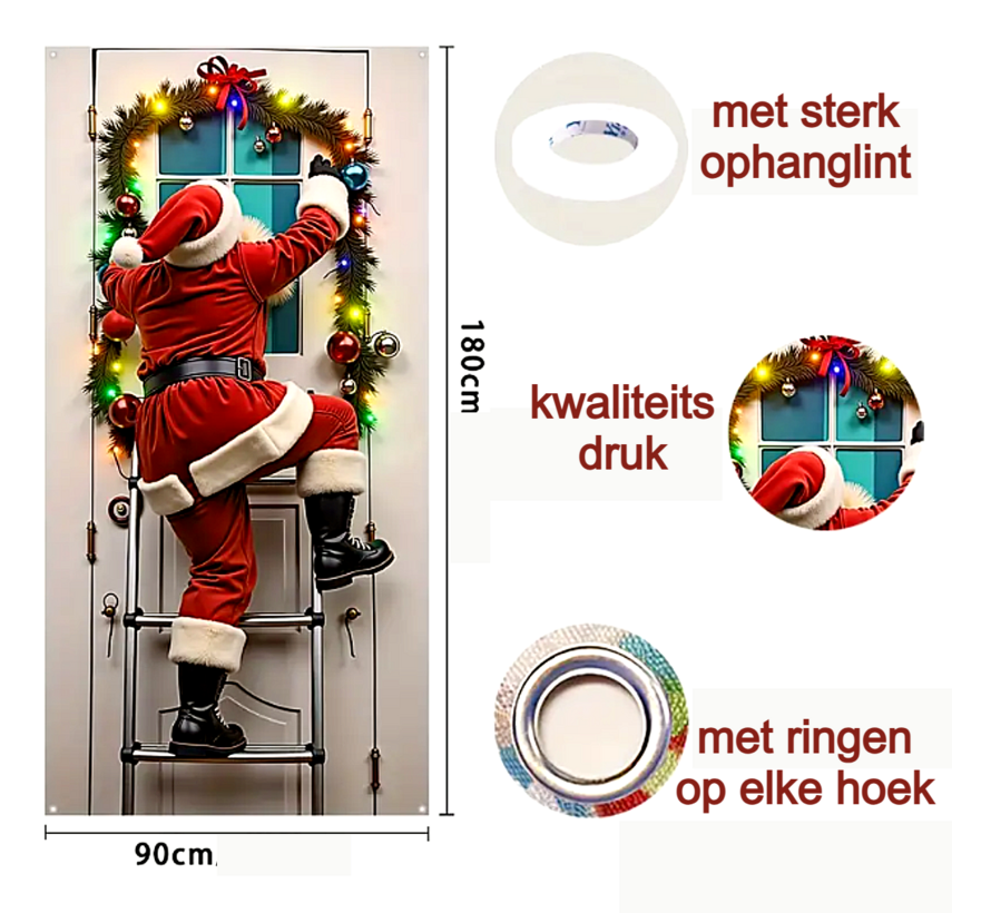 XL Kerstman Deurbanner – 90x180 cm – Kerstdecoratie Binnen & Buiten – Duurzaam Polyester– Inclusief Ophanglint & Ringen