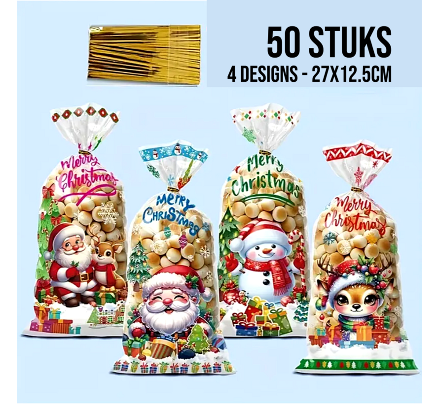 50 stuks Kerst Traktatie Zakjes - Mix 4 Designs - 27 x 12.5 cm - Leuke Plastic Uitdeelzakjes – 50 x