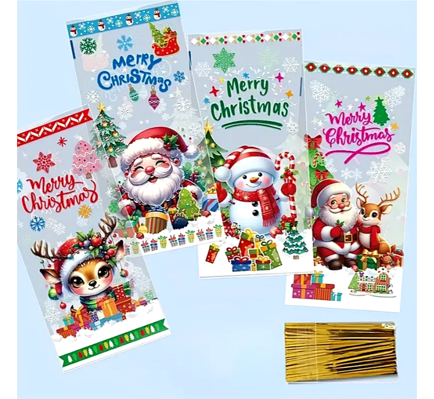 50 stuks Kerst Traktatie Zakjes - Mix 4 Designs - 27 x 12.5 cm - Leuke Plastic Uitdeelzakjes – 50 x