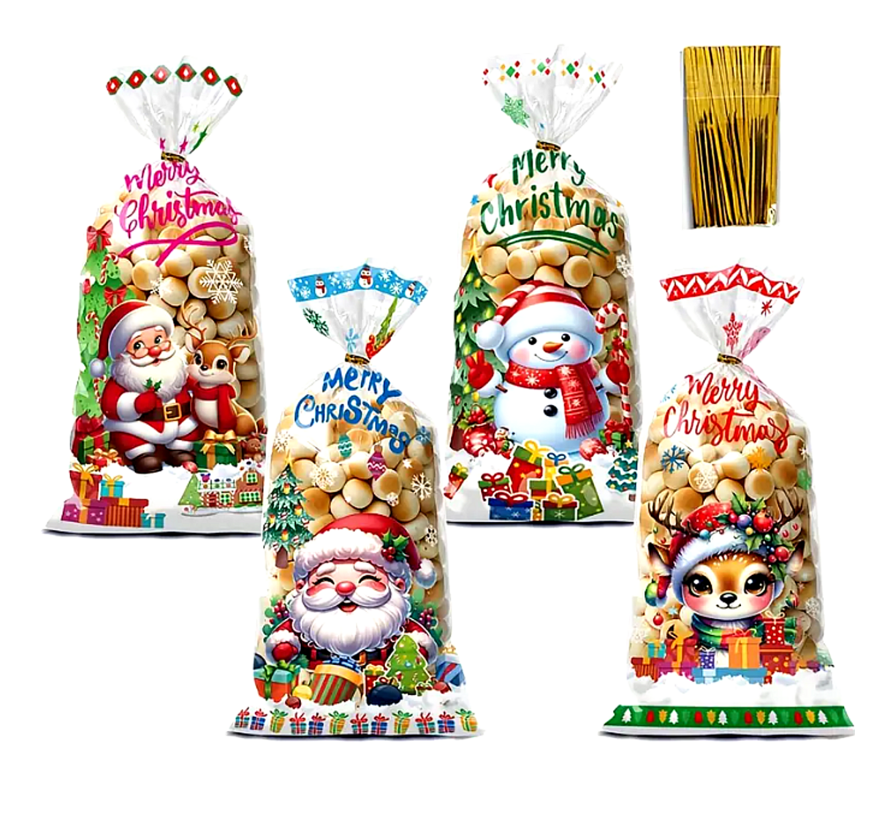 50 stuks Kerst Traktatie Zakjes - Mix 4 Designs - 27 x 12.5 cm - Leuke Plastic Uitdeelzakjes – 50 x