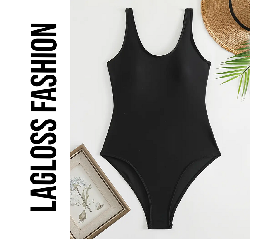 LaGloss® Sportief Eendelig Badpak Zwart – Hoge Stretch – Verwijderbare Vulling – Ronde Hals – Polyamide-Elastaan Mix – Prima Pasvorm – Maat XL