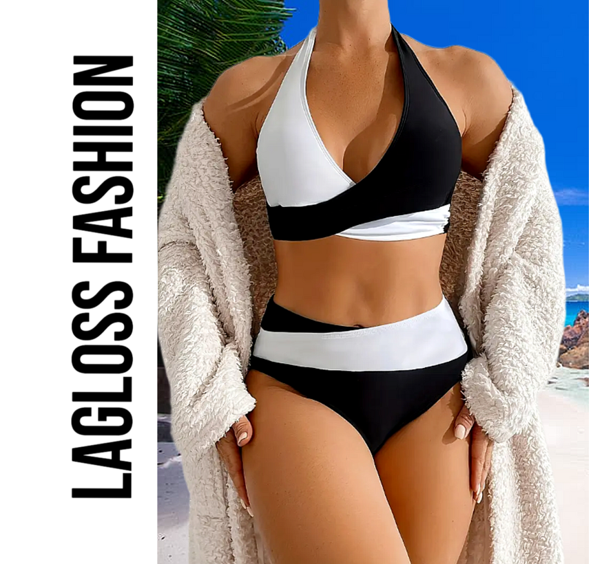 LaGloss® Stijlvolle Bikini Set Dames – Zwart Wit Design – Tweedelig & Hoog Gesneden – Maat S