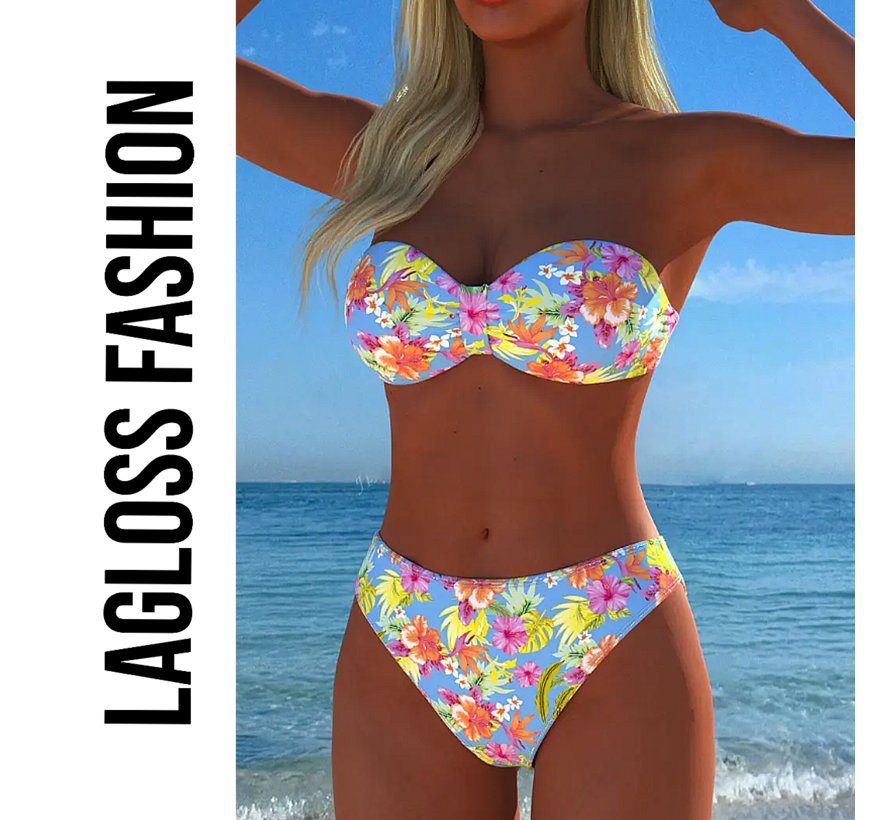 LaGloss® Dames Strapless Bikini Set – 2-Delig – Modieuze Zomerprint – Hoog elastische & Sneldrogende Stof – Sexy Zomerse Strandkleding – Maat XL