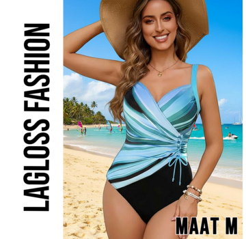 LaGloss Dames Badpak met Zijtrekkoord Zwarte & Blauwe Kleurclashprint – Maat M