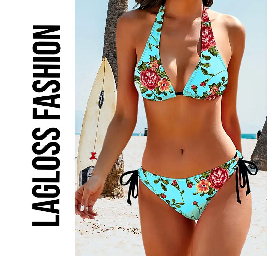 LaGloss® Dames Bloemenprint Bikini Set – Hoge Stretch – Lace-Up Halter Bikini in Roze & Blauw – Verstelbare Zwemkleding voor Strand & Zwembad- Maat XL