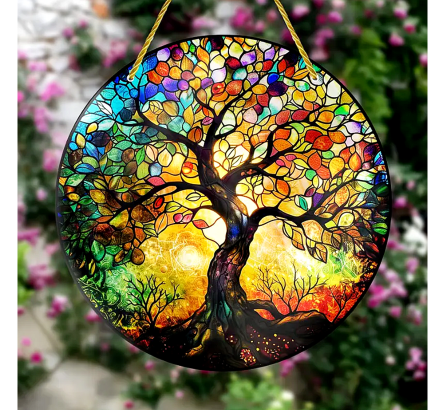 Allernieuwste.nl® Raamhanger Raamdecoratie Oude Levensboom 2 - Kleurige Hangende Zonnevanger Rond Acryl - Suncatcher Rond model 20 cm