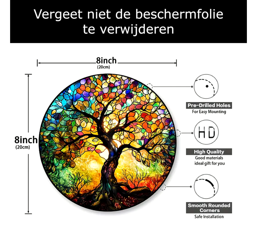 Allernieuwste.nl® Raamhanger Raamdecoratie Oude Levensboom 2 - Kleurige Hangende Zonnevanger Rond Acryl - Suncatcher Rond model 20 cm