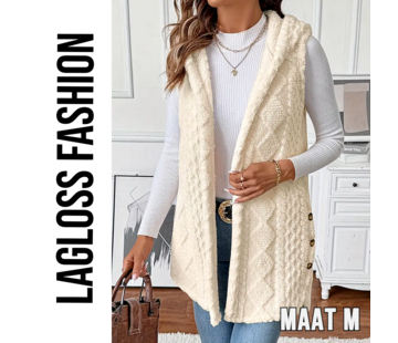LaGloss Elegante Dames Vest met Capuchon – Crème – Open Model met Zijknopen – Maat M