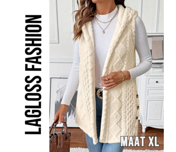 LaGloss Elegante Dames Vest met Capuchon – Crème – Open Model met Zijknopen – Maat XL