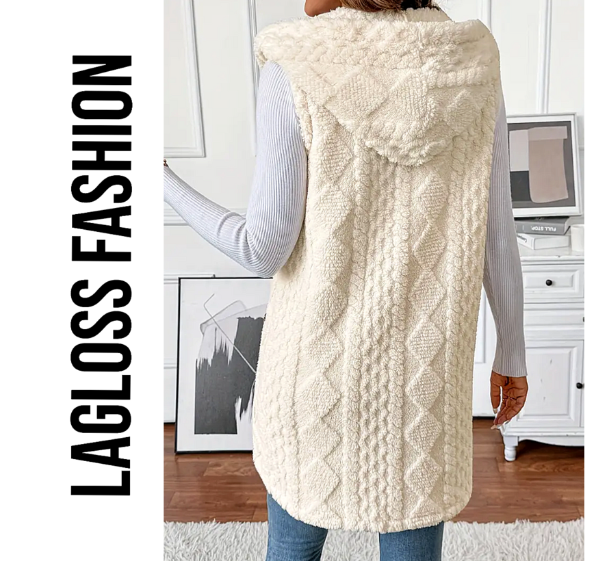 LaGloss® Elegante Mouwloze Dames Vest – Crème – Open Model met Zijknopen & Capuchon – Maat XXL