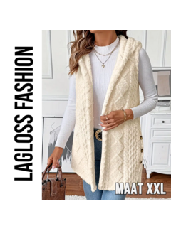 LaGloss Elegante Dames Vest met Capuchon – Crème – Open Model met Zijknopen – Maat XXL