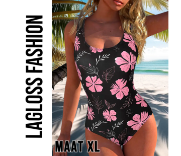 LaGloss Dames Eendelig Badpak met Elegante Roze Klavertjevier – Maat XL