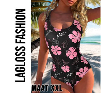 LaGloss Dames Eendelig Badpak met Elegante Roze Klavertjevier – Maat XXL