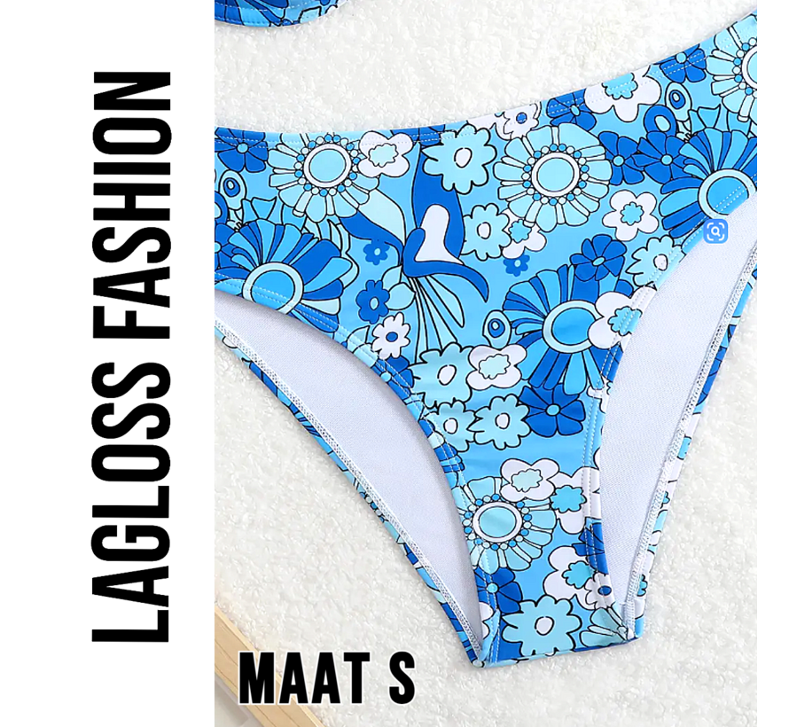 LaGloss® Dames Hoge Taille Bloemenprint Bikini Broekje – Elegant Split Design – Blauw Strandvakantie Zwembroek – Hoog Elastisch – Maat S