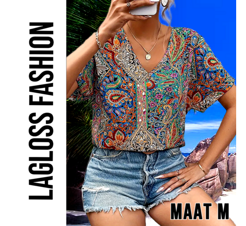 LaGloss LaGloss® Dames Paisley-Print Blouse met V-Hals – Elegante Losse Zomertop – Satijnachtige Stof en Korte Mouwen – Casual Chic – Maat M
