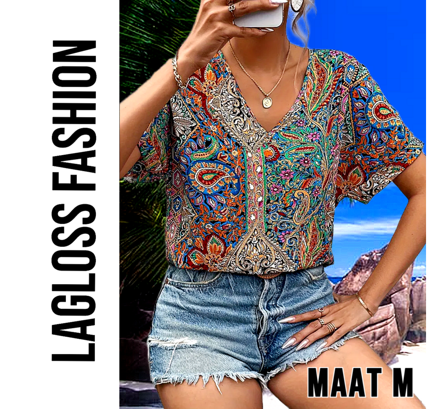 LaGloss® Dames Paisley-Print Blouse met V-Hals – Elegante Losse Zomertop – Satijnachtige Stof en Korte Mouwen – Casual Chic – Maat M