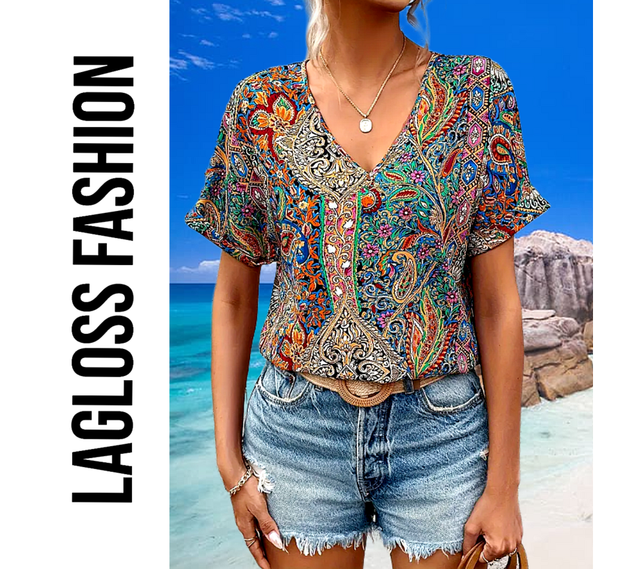 LaGloss® Dames Paisley-Print Blouse met V-Hals – Elegante Losse Zomertop – Satijnachtige Stof en Korte Mouwen – Casual Chic – Maat L