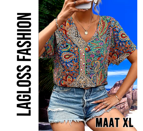 LaGloss LaGloss® Dames Paisley-Print Blouse met V-Hals – Elegante Losse Zomertop – Satijnachtige Stof en Korte Mouwen – Casual Chic – Maat XL