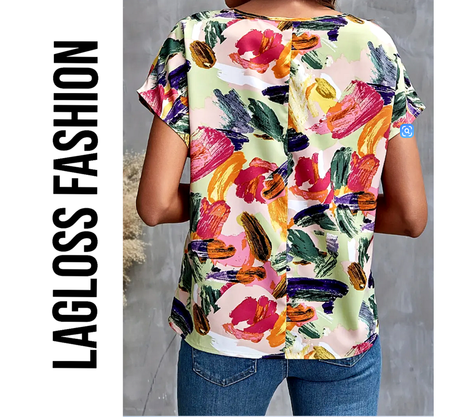 LaGloss® Blouse met Bloemenprint en Vleermuismouwen – Kleurige Lichtgewicht Zomertop met Ronde Hals & Korte Mouwen – Elegant Shirt voor Dames – Casual & Chique Stijl – Maat L