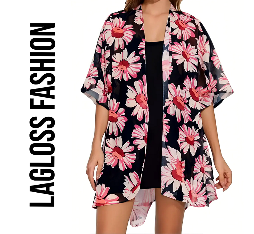 LaGloss® Dames Bloemenprint Mesh Blouse – Lichtgewicht Ademende Zomertop zonder Kraag – Roze & Zwarte Bloemen, Halfdoorschijnend en Elegant – Maat M