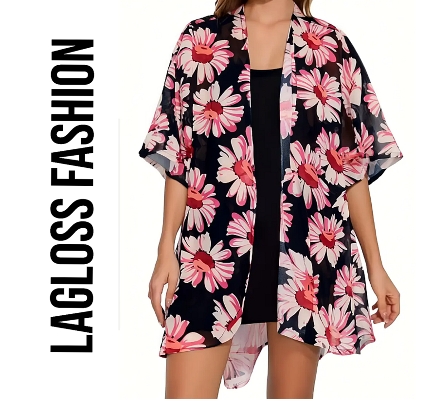 LaGloss® Dames Bloemenprint Mesh Blouse – Lichtgewicht Ademende Zomertop zonder Kraag – Roze & Zwarte Bloemen, Halfdoorschijnend en Elegant – Maat M