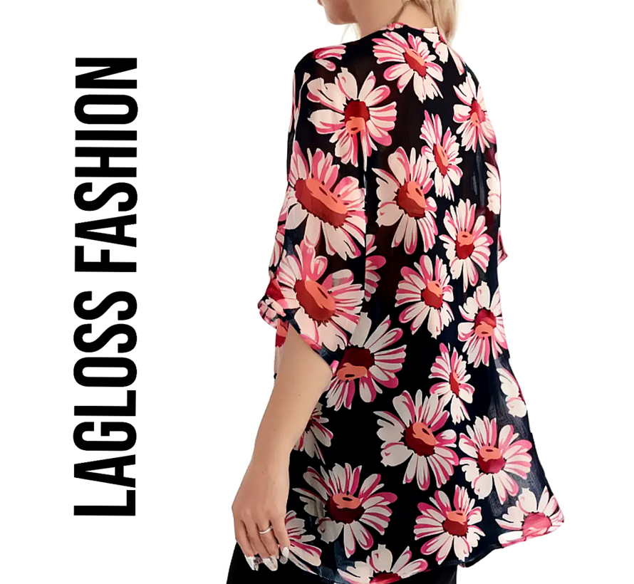 LaGloss® Dames Bloemenprint Mesh Blouse – Lichtgewicht Ademende Zomertop zonder Kraag – Roze & Zwarte Bloemen, Halfdoorschijnend en Elegant – Maat L