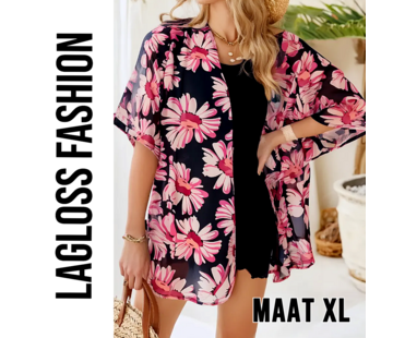LaGloss Dames Bloemenprint Mesh Blouse – Roze & Zwarte Bloemen – Maat XL