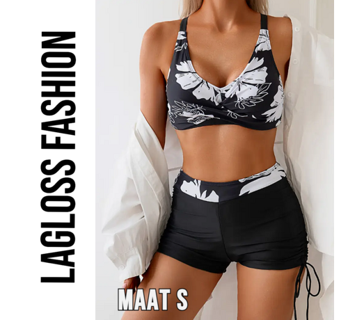 LaGloss LaGloss® Sexy Dames Bikini Set met Hoge Taille – Bloemenprint, Buikcontrole & Trekkoord – 2-Delige Badkleding met Korte Pijpjes – Zwart Wit - Maat S